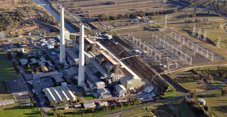 Aerial shot of chimneys and plant at AGL's Liddell Power Station (Fortescue AGL)