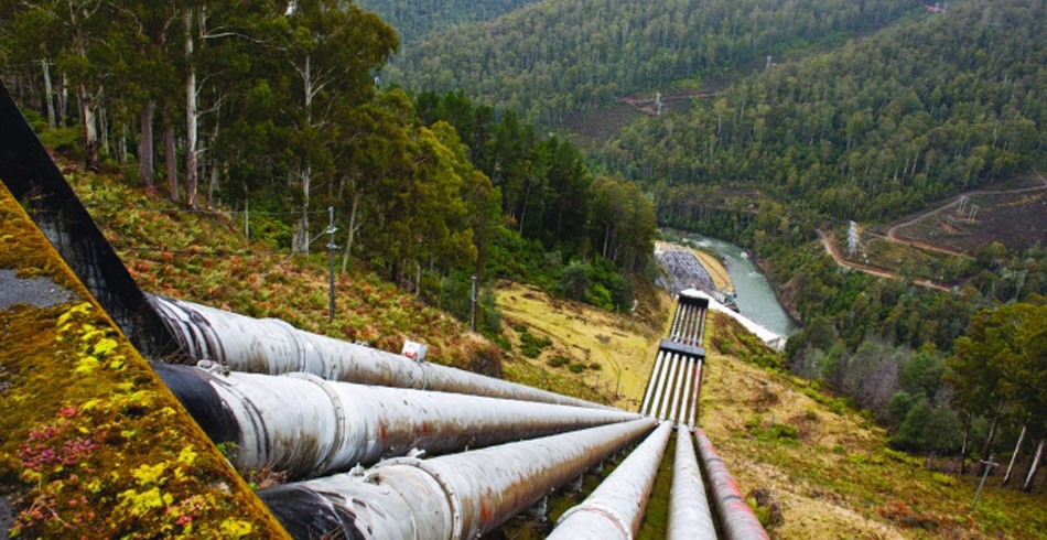 Snowy Hydro Scheme pipeline running down mountain side in Tasmania (bolt chair)