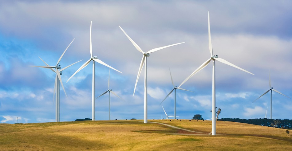 Wind turbines against blue sky in green field (AGL Tilt)