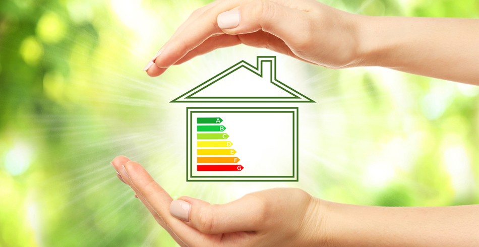 Conceptual image of hands holding house with energy usage bars (climate council)