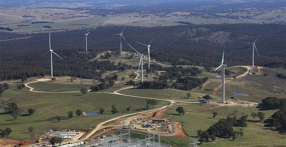Aerial shot of wind turbines along Transgrid's EnergyConnect route
