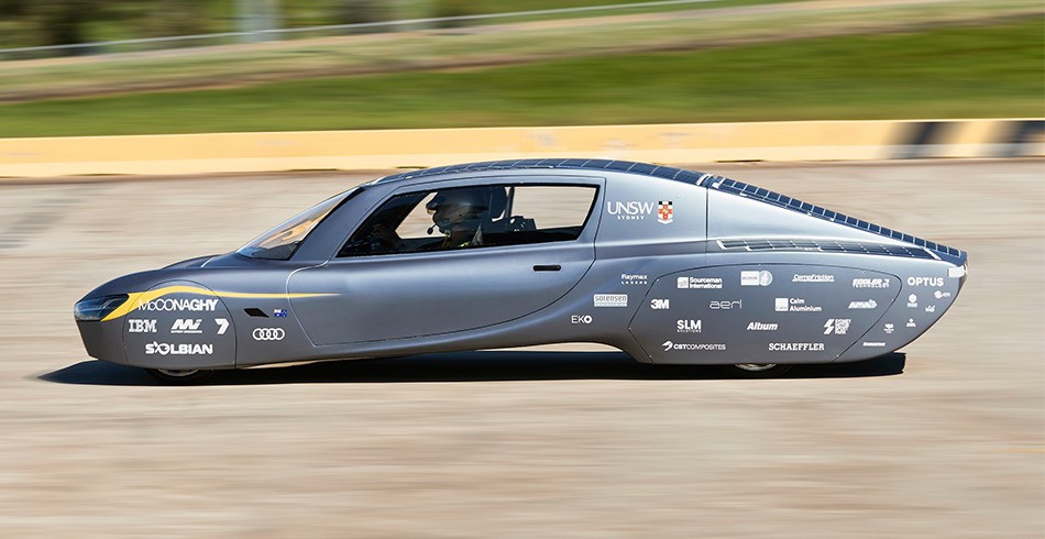 Sunswift 7 solar-powered car races around racetrack