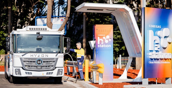 Heavy transport truck driver refuels truck at Coregas' new H2Station hydrogen refueller