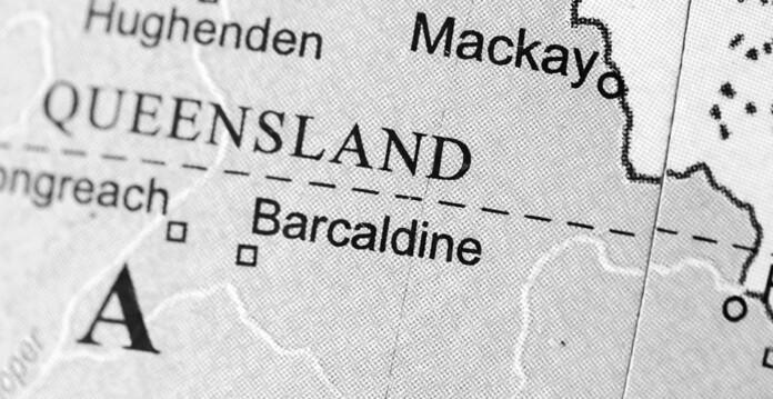 Black and white map showing location of Barcaldine in Queensland