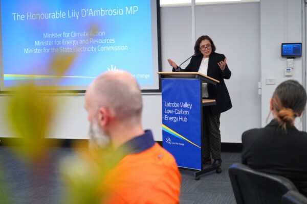 Victorian Energy Minister Lily D'Ambrosio gives speech at lectern during Latrobe Valley Energy Hub Day