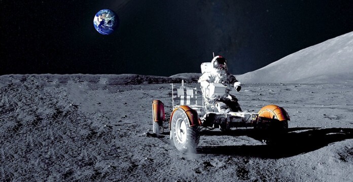 Astronaut near the Moon rover on the moon with land on the horizon (lunar energy)