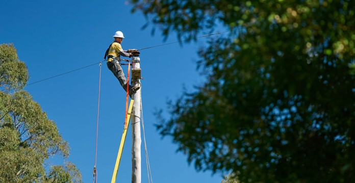 Powercor worker scaling tower with rigging to complete maintenance work (otways)