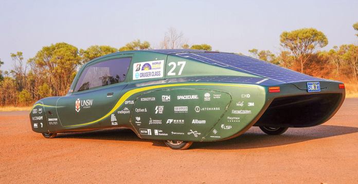 UNSW Sydney's Sunswift 7 solar car sitting against desert background