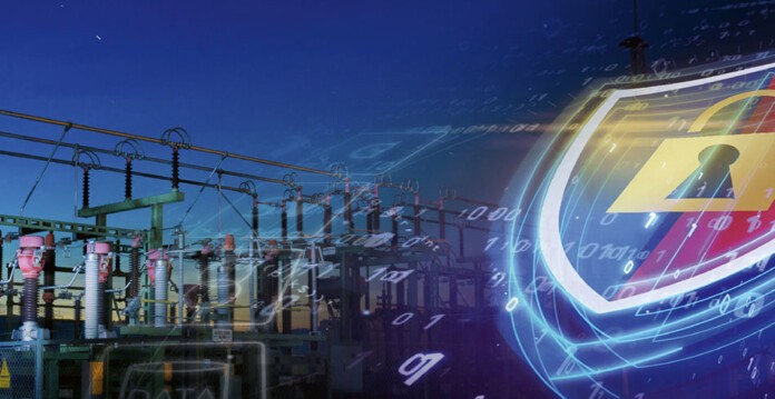 Graphic depicting electrical transmission equipment with stylised lock to represent security (omicron)