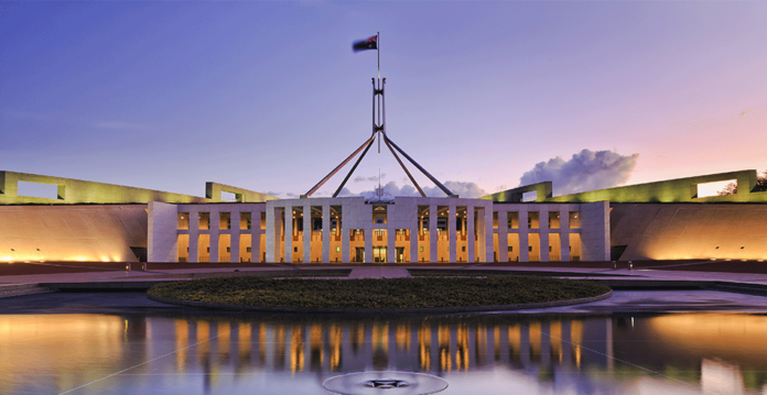 External shot of Parliament House in Canberra with beautiful purple sky in the background (actewagl)