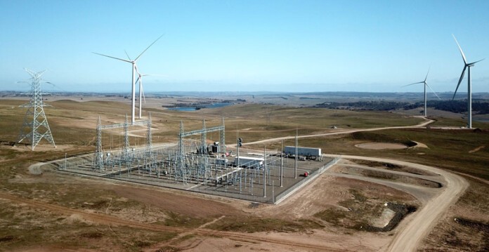 Aerial shot of transmission towers, wind turbines and substation for HumeLink transmission project