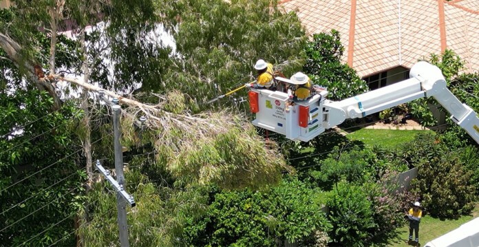 Electricity restoration crew in crane lift work to remove fallen trees from powerlines (kirrily)